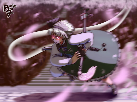 Full-body illustration of one character with detailed background