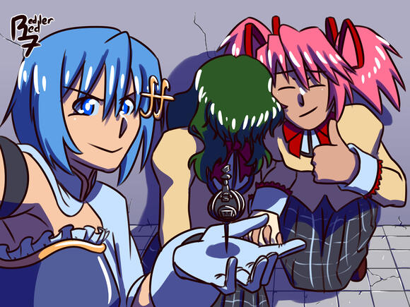 Half-body colored sketch of three characters and simple background