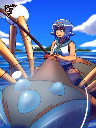 Full-body illustration of one character with distant background