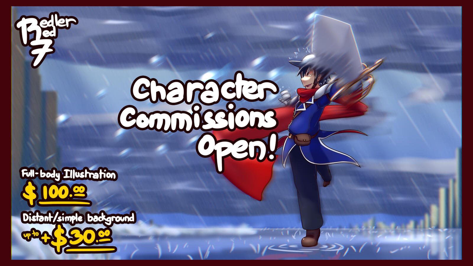 Character Commissions Open. Full-body illustration for $100. Distant/simply background for an additional $30.