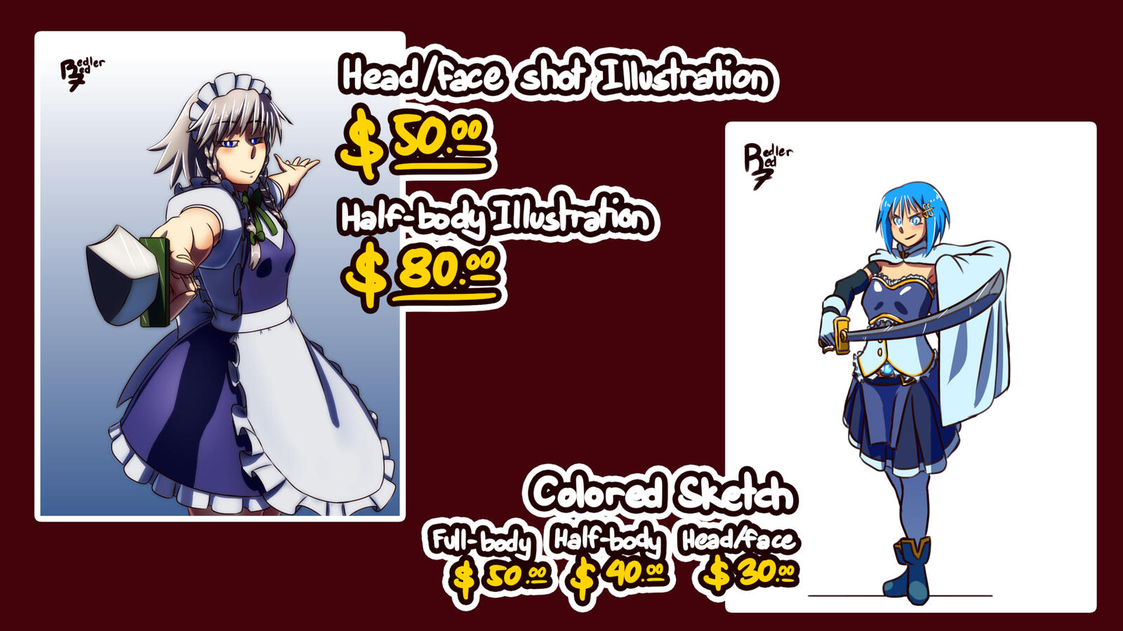 Head/face illustration for $50. Half-body illustration for $80. Colored sketches, with $50 for full-body, $40 for half-body, and $30 for head/face.