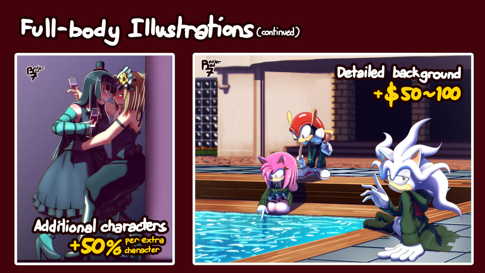 Full-body illustrations, continued. Additional characters is an extra 50% per character. Detailed background is an additional $50 to $100.